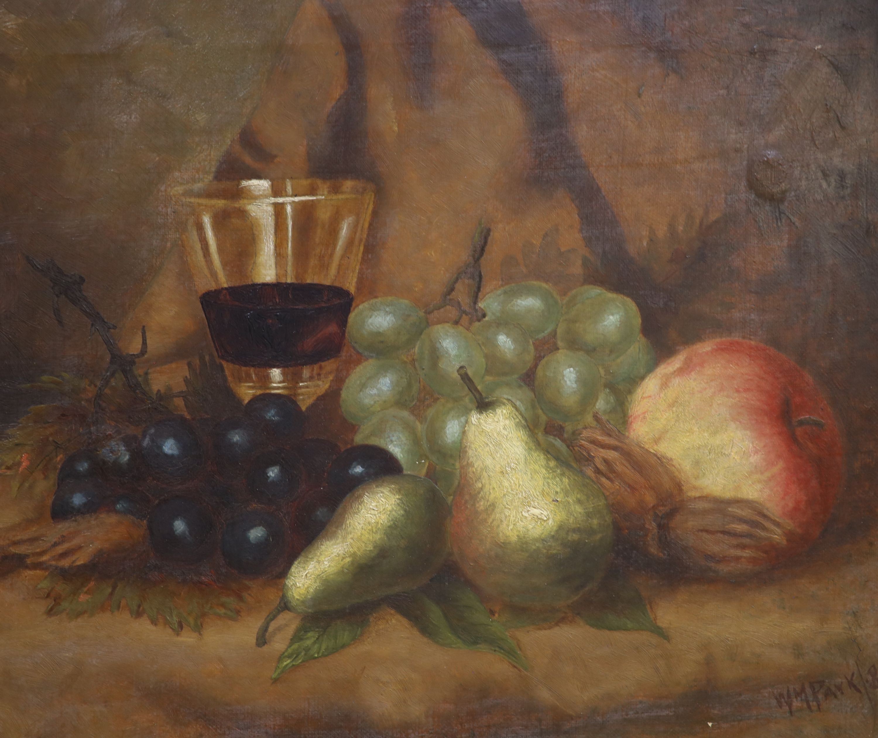 W M Park (19th C), Oil on canvas, still life of fruit and a glass of wine, signed and dated 85, 29 x 34 cm.